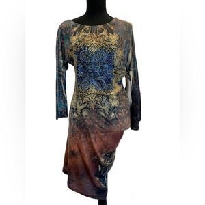 𝅺MULTICOLOURED rhinestone embellished stretchy soft knit longsleeve dress Sz S